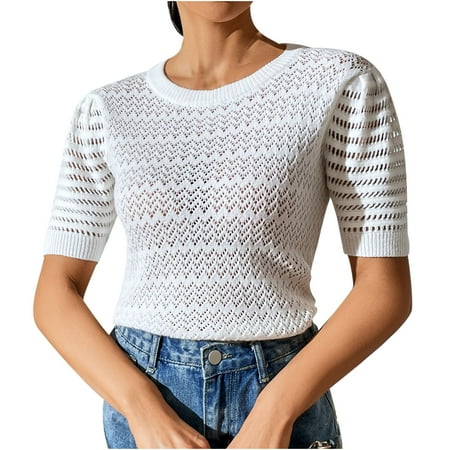 

Womens Trendy Summer Crop Top Crochet Knitted Crew Neck Short Sleeve Slim Fit Pullover Corset T Shirts Tunic Tops