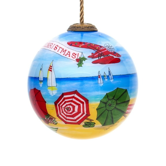 3" Blue and Yellow Christmas Beach Umbrella Hand Painted Glass Hanging Christmas Ornament