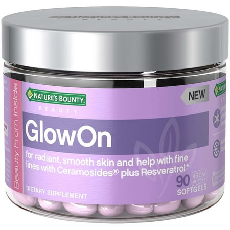Nature's Bounty® GlowOn Beauty Dietary Supplement with Ceramosides + Resveratrol, Skin Care Relief, For Radiant, Smooth Skin and Help with Fine Lines, 90