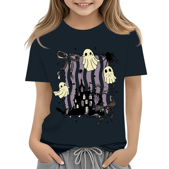 HAJWOH Kids Girls Halloween Cute Printed Short Sleeve T-Shirt Round Neck Loose Fit Casual Blouses