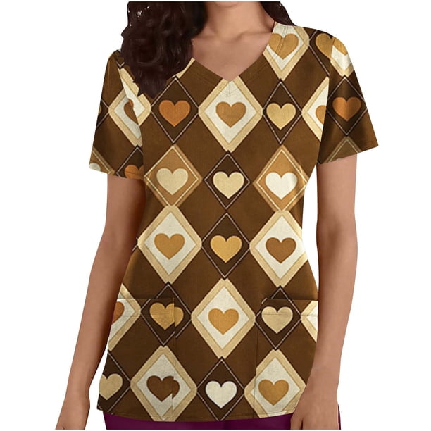 TaTaai Valentine Print Women Scrub Top Soft Cotton Relaxed Fit Short Sleeve V Neck Pocket Stretchy Breathable Work Casual Daily Wear Nurse Blouse Gift