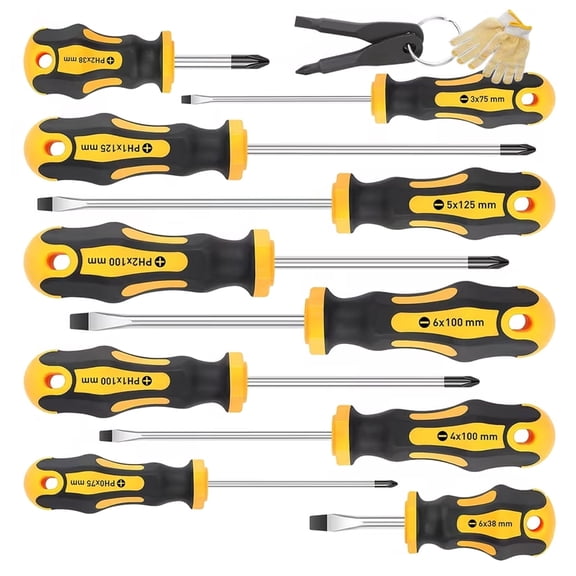 10Pcs Magnetic Screwdrivers Set with Gloves,5 Phillips and 5 Slotted Tips,Cushion Grip Screwdriver Sets for Fastening and Loosening Seized(Yellow)