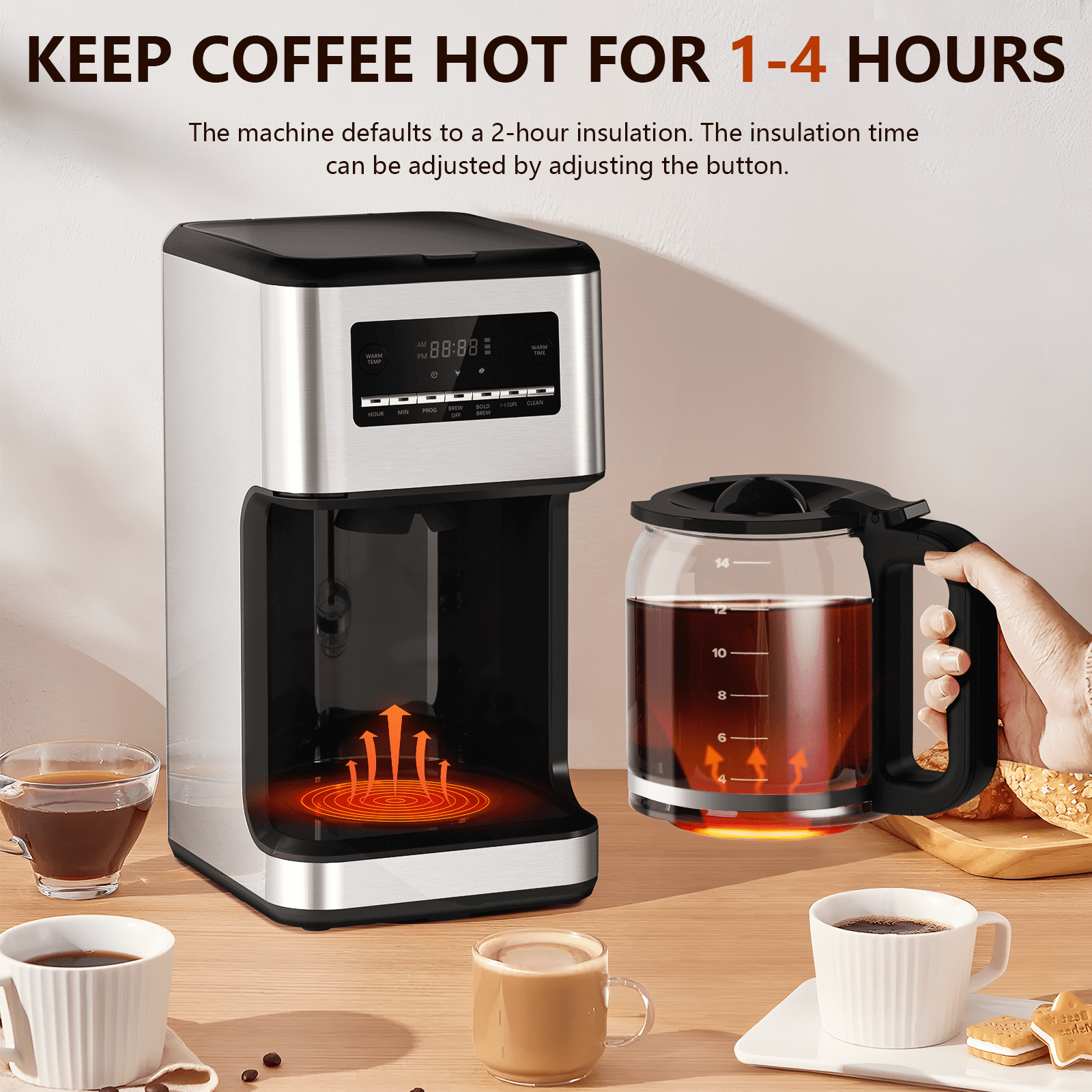 FREE VILLAGE Coffee Maker, Drip Coffee Machine, 14-Cup Glass Carafe, 24 Hours Programmable Coffee Brewer, Keep Warm,Washable Filter,Stainless Steel,Silver