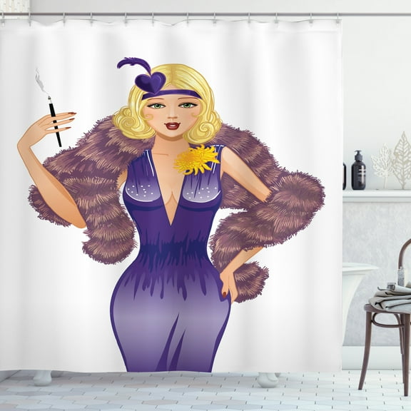 Pin up Girl Shower Curtain, Vintage 1930s Style Blonde Lady with Curly Hair in Costume Party Entertainment, Fabric Bathroom Set with Hooks, 69W X 70L Inches, Multicolor, by Ambesonne