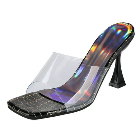 

Youmylove Women Fashion Transparent Square Toe Open Toe Stone Pattern High Heel Sandals Summer Comfy Beach Outdoor Walking Footwear
