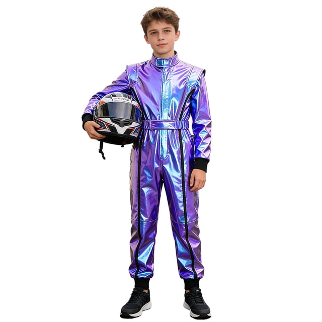 Raenseen Kids Boys Metallic Racing Jumpsuit Racing Suit Race Car Driver Moto Gear Jersey Set Blue 14