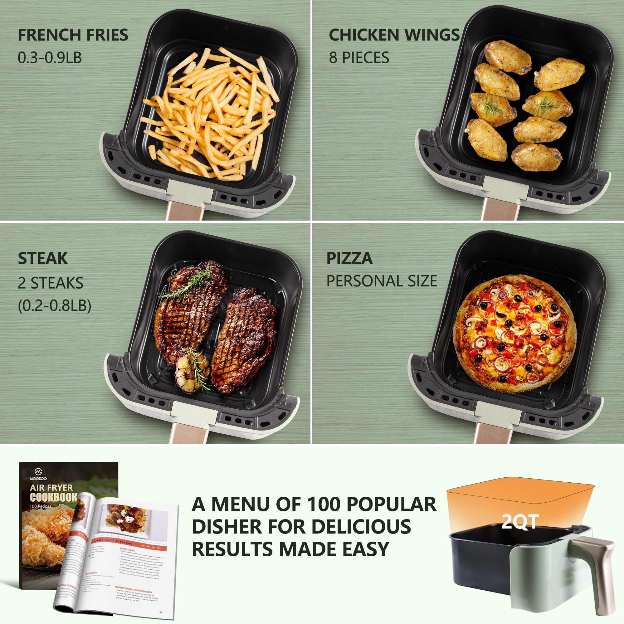 MOOSOO 2 qt. Black Air Fryer for 1-2 People with Timer, Temperature  Controls, Recipe Book, and 50 Pieces Paper Liner, 1200-Watt - Yahoo Shopping