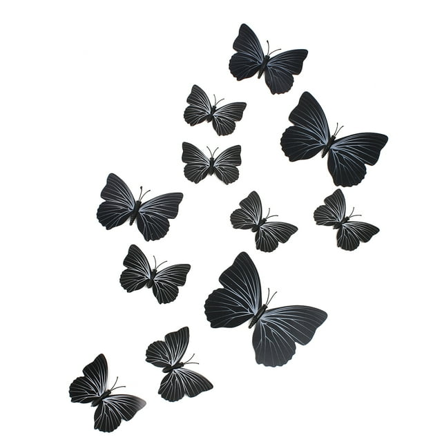 Unique Bargains DIY 3D Black Butterfly Magnet Wall Stickers Mural Decal Room Decor Set 12 in 1. The set includes 12 PVC butterflies in three sizes: 8 pieces measuring 7 x 5.5 cm, 2 pieces measuring 9 x 7 cm, and 2 pieces measuring 12 x 9.5 cm. Each butterfly features a magnet for easy attachment to smooth surfaces like walls, doors, or refrigerators. The set also includes a blown-sponge for application. Suitable for decorating bedrooms, windows, and cars.