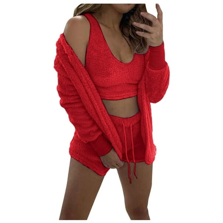 

Women s Fuzzy 3 Piece Lounge Set Soft Comfy Pajama Set Cami Crop Top Shorts and Open Front Cardigan Loungewear