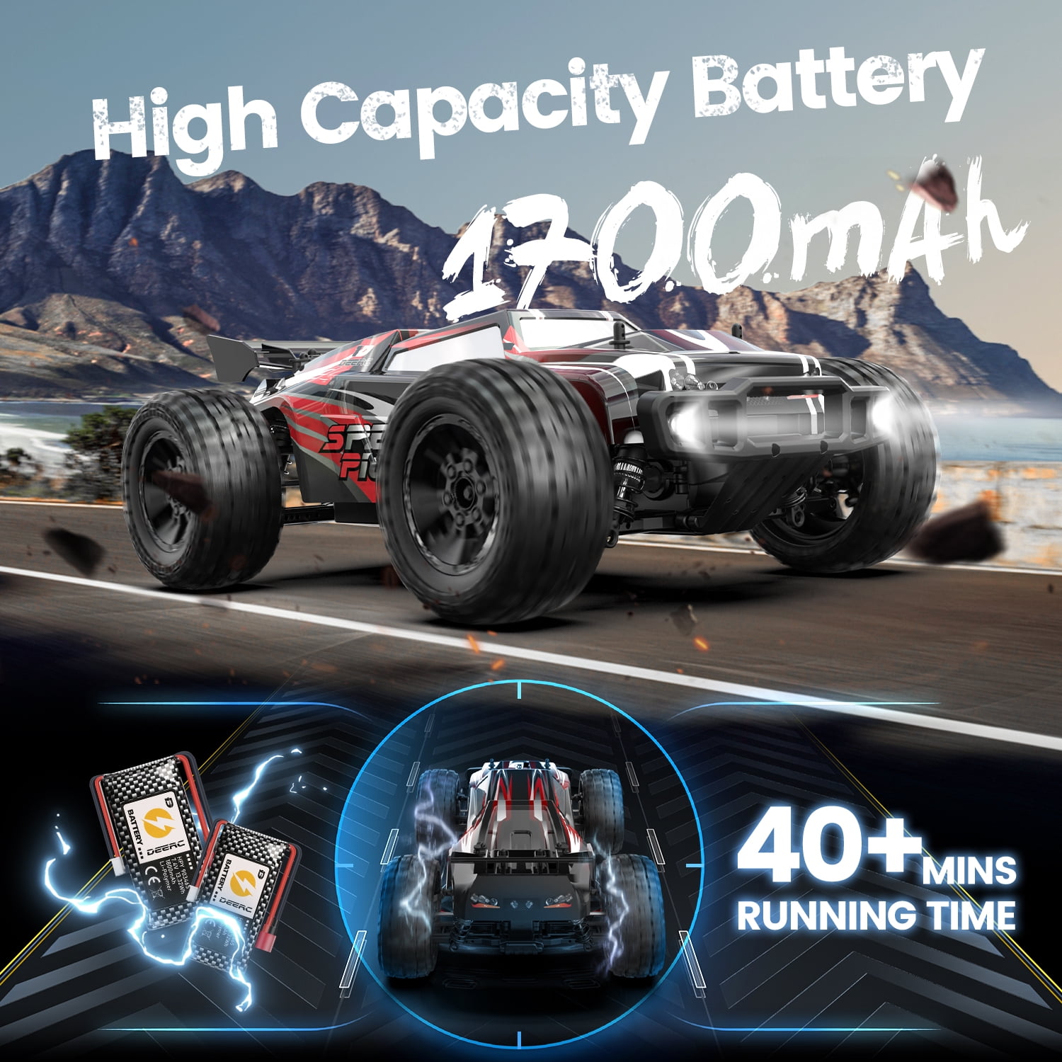 DEERC 9206E 1:10 Scale RC Cars,48+ KM/H Hobby Grade High Speed Remote Control Car for Adults Boys,All Terrain 4WD 2.4GHz RC Monster Truck with 2 Battery for 40+ Min Play