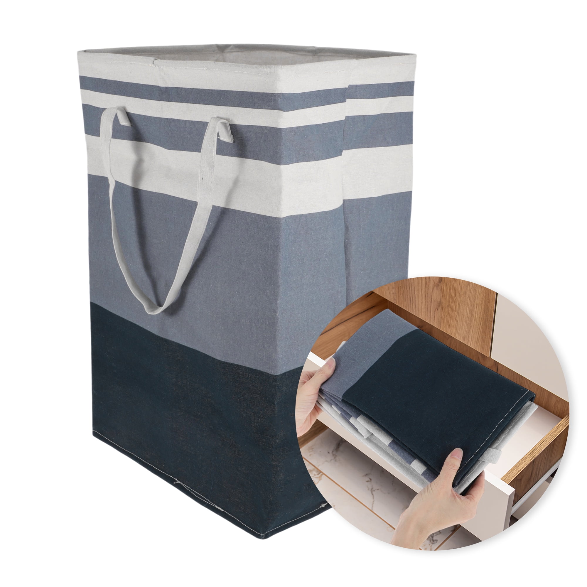 Unique Bargains Laundry Basket, Foldable Laundry Hamper with Handles Blue White