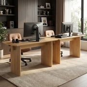 Guyou 55 Natural Oak Desk, Light Wood Finish MDF Study Table, Versatile Vanity & Office Desk with Sculptural Legs, Sturdy Two-Pedestal Design for Work & Study, Natural