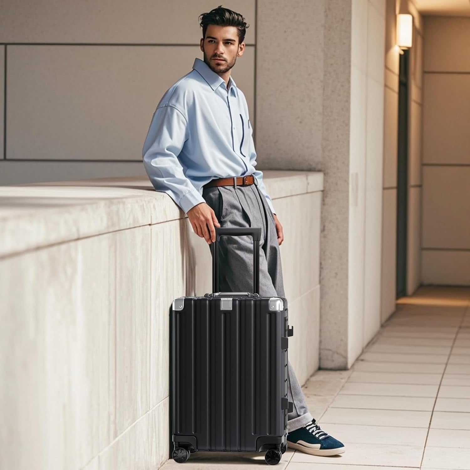 Checked Luggage Aluminum Frame Suitcase with Wheels PC ABS Hardside Zipperless with TSA Lock 28 Inch Black
