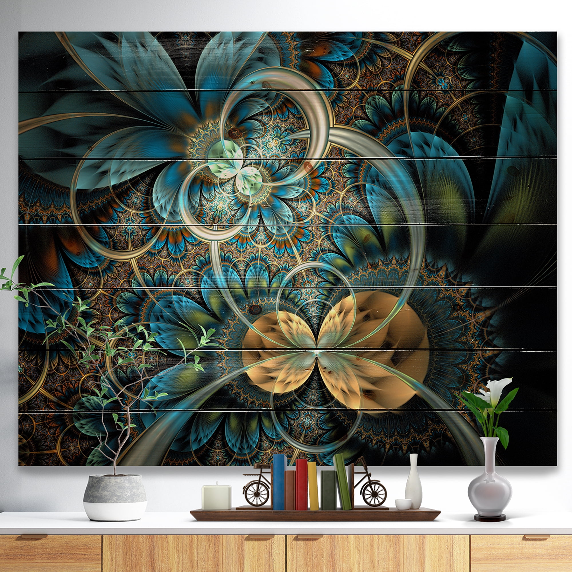 Designart 'Symmetrical Gold Blue Fractal Flower' Abstract Print on Natural Pine Wood