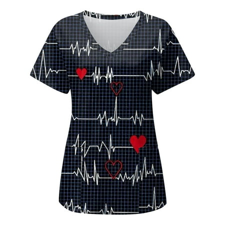 

TAIAOJING Women s Scrubs Top Fashion Print Short Sleeve Pocket T Shirt Top