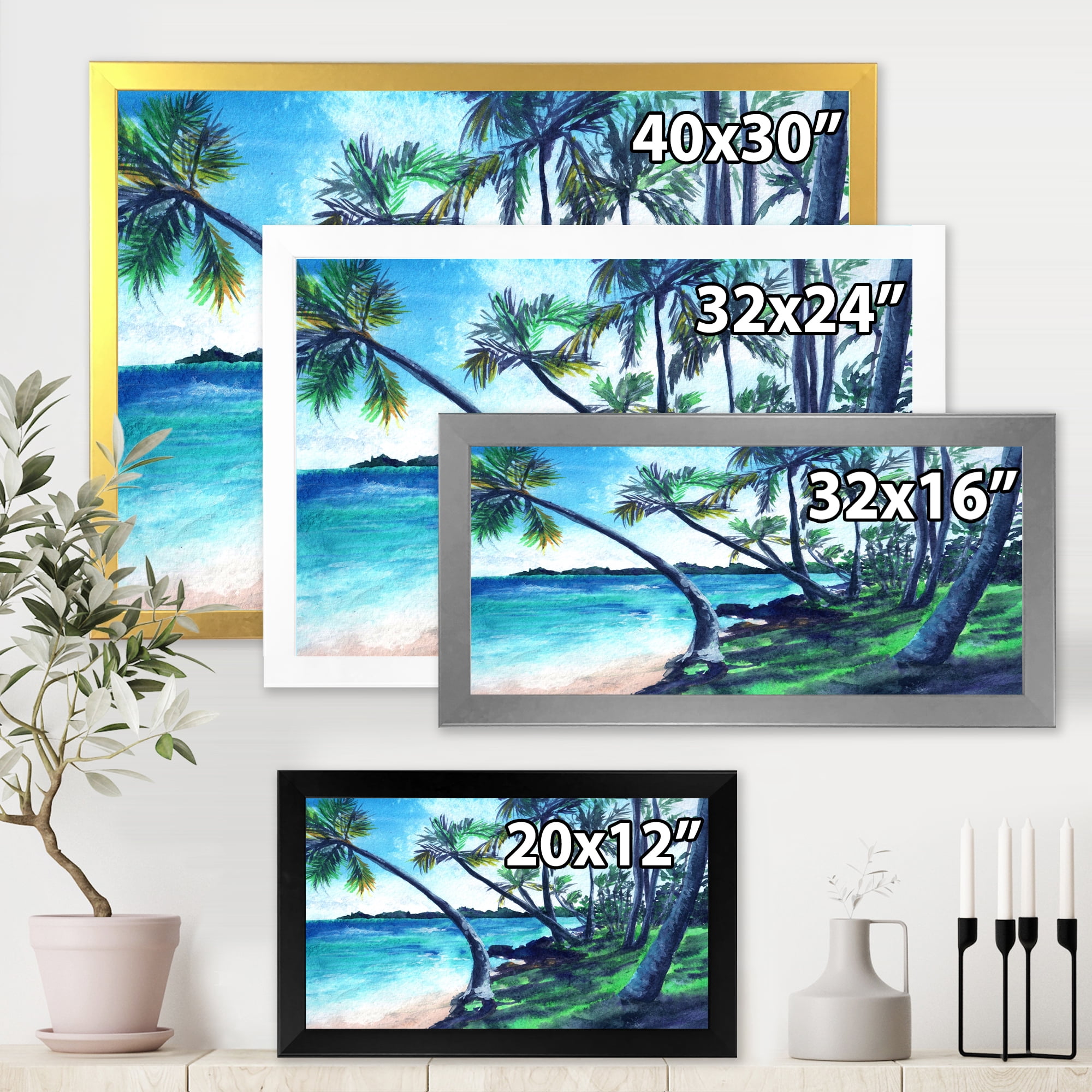 Designart 'Tropical Beach In Summer Paradise With Palm Trees' Nautical & Coastal Framed Art Print