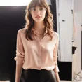 thumbnail image 4 of Blusa elegante de seda auténtica para mujer, diseño nuevo, estilo coreano, para oficina, cuello liso, manga larga, alta gama, 4 of 5