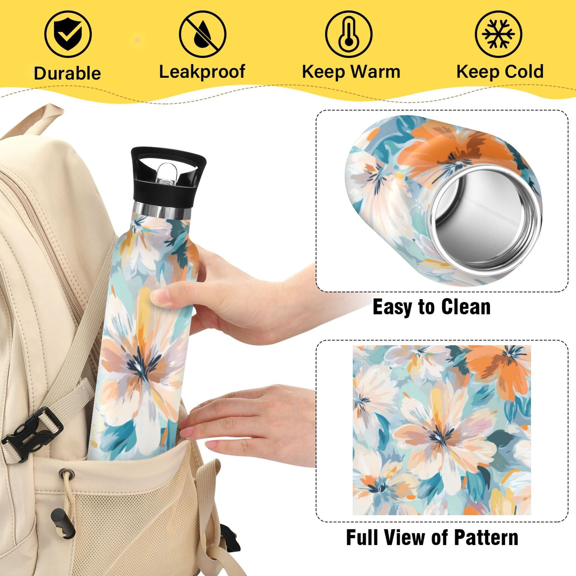 Kids Insulated Stainless Steel Sports Water Bottle 600ml (20oz) Oversized Flowers Pattern