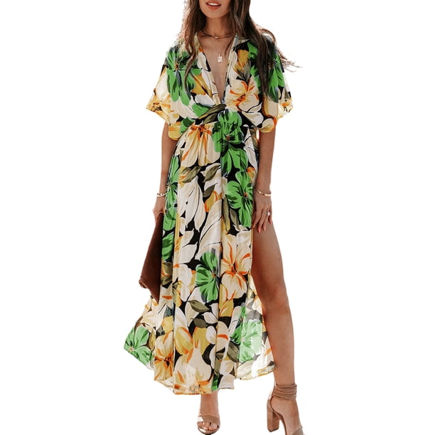 WILLBEST Vestidos de Verano 2025, Vestidos de Moda para Mujer, Vestido Sexy con Abertura y Estampado Floral de Cintura Alta Mediana