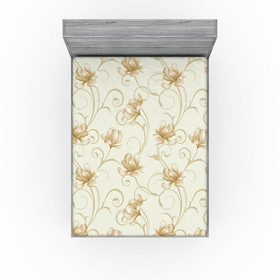Ambesonne Vintage Fitted Sheet, Simple Modern Garden Floral, California King, Pale Khaki Pastel Brown