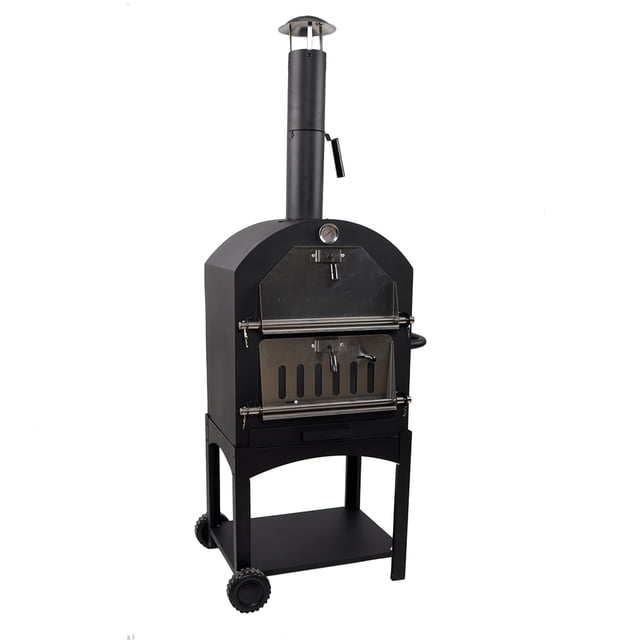 Ilios Innova | Horno Vesuv para Pizza de Carbón y Leña, con Piedra Cordierita, Termómetro y Chimenea, Asador Ahumador de Acero con Ruedas y Parrilla