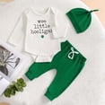 thumbnail image 2 of Xijirk St Patricks Day Baby Girl Outfit,Boys Toddler Long Sleeve Romper Pants Hat Set Print Outfits Three Piece Clothes with Shamrock Graphic for Holiday Party,3-6 Months,Z03 Green, 2 of 3