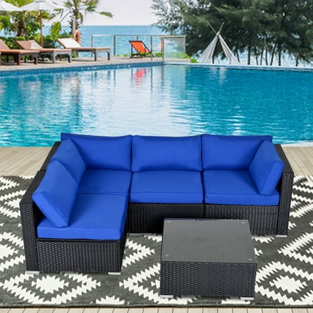 Superjoe 5 Pcs Patio Furniture Sets All-Weather Wicker Rattan Outdoor Conversation Sofa with Tea Table & Washable Couch Cushions Royal Blue