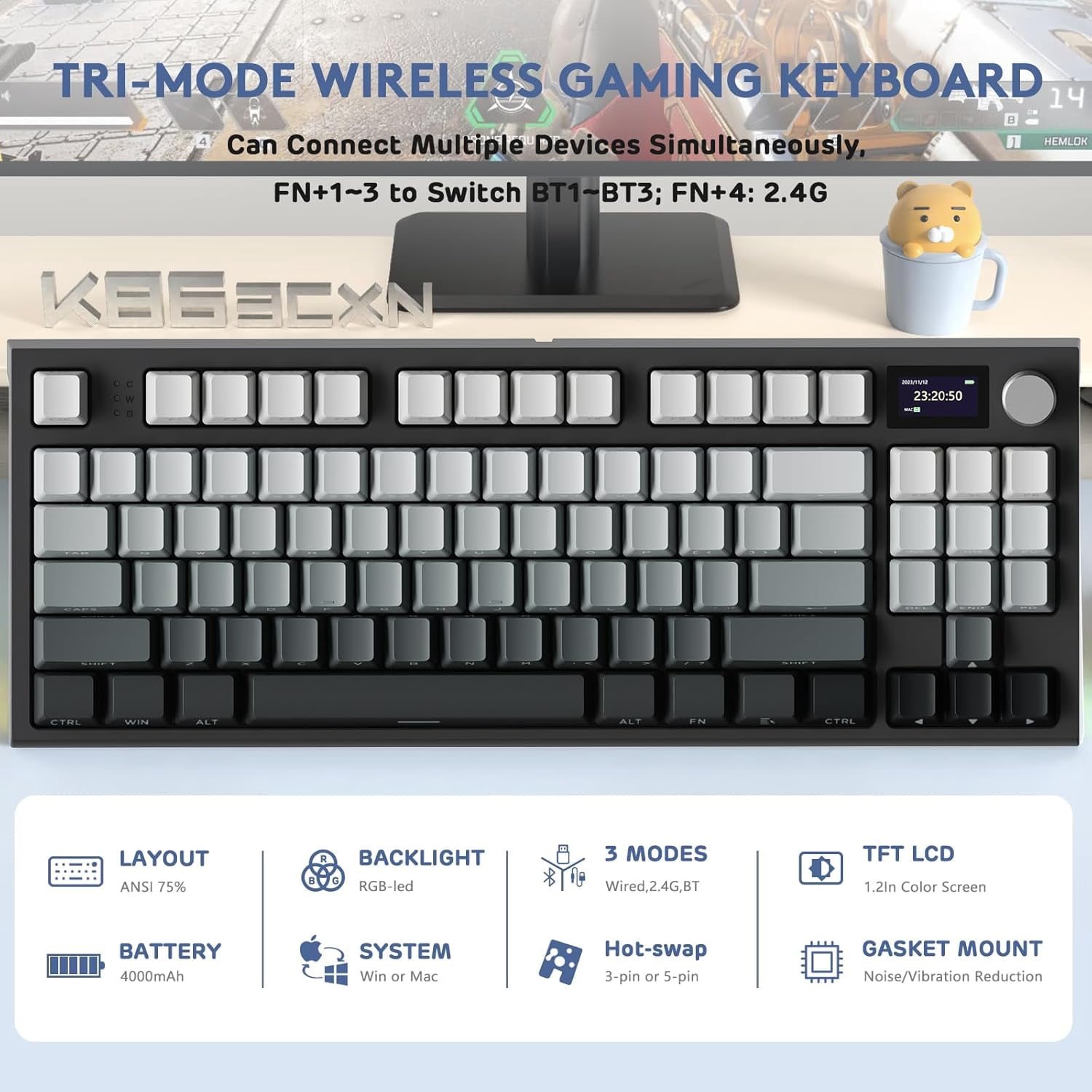 ATTACK SHARK K86 RGB 75% Wireless Gasket Mechanical Keyboard,82 Keys Hot Swappable,4000mAH Battery/CNC Knob & 1.2''HD OLED Digital Display,Custom Linear Switches& Detachable Coiled Cable
