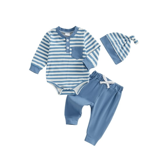 Suealasg Infant Newborn Boys 3Pcs Spring Fall Outfits 3 6 9 9 12 18 Months Baby Boys Clothes Striped Print Long Sleeve Rompers and Elastic Pants Hat Set