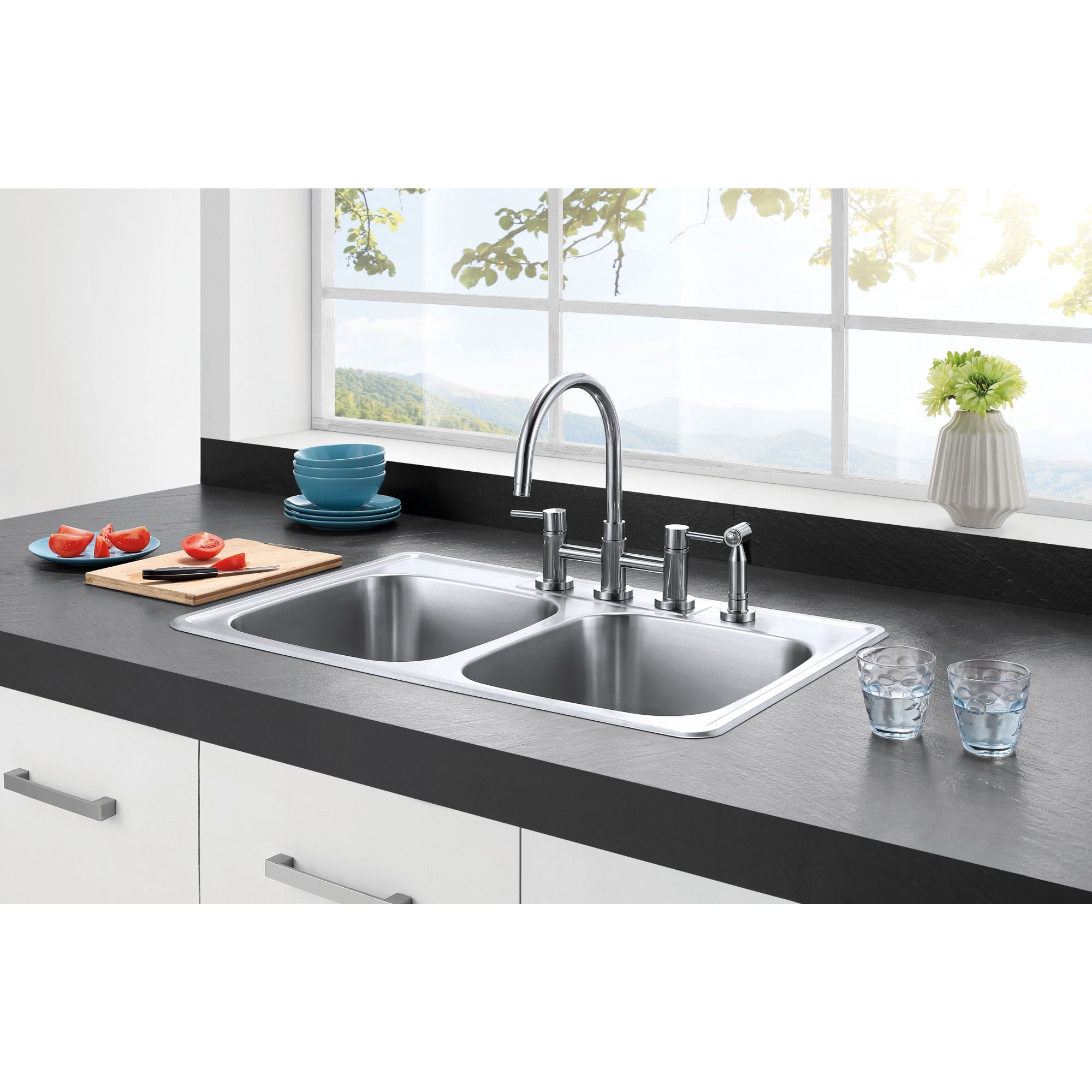 Gourmetier GKTD33227 Studio 33" Stainless Steel Self-Rimming Double Bowl Drop-In Kitchen Sink, Brushed