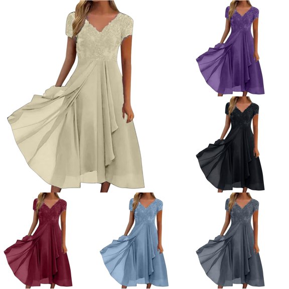 XIAOCHA Lace Overlay Midi Dress for Women Short Sleeve Flowy Wedding Guest Evening Gown