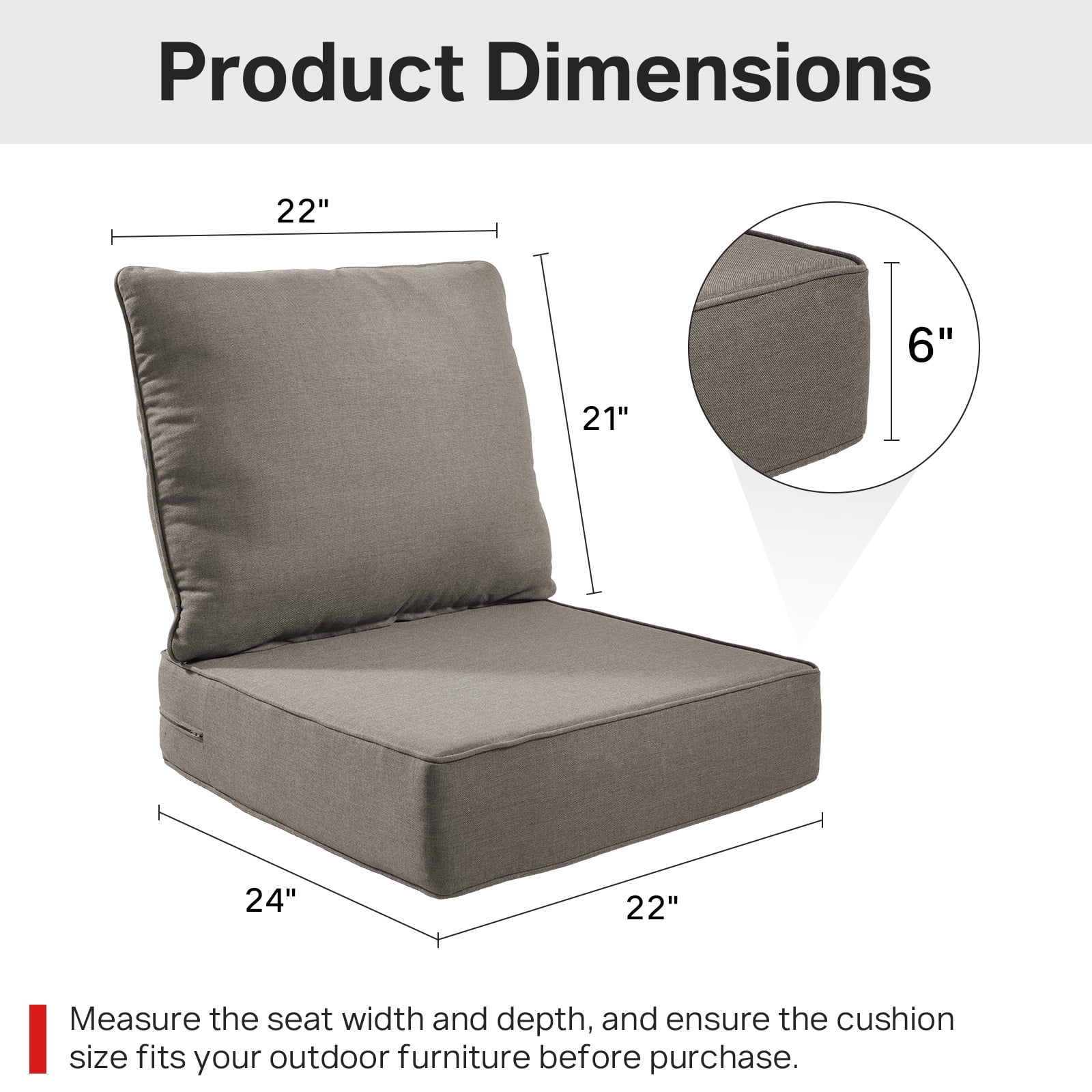 Opohoro Outdoor Deep Seat Cushion Set, 24"x22"x6", Water Resistant & UV Resistant Comfortable Furniture Cushions for Patio Chair, Sofa, Loveseat