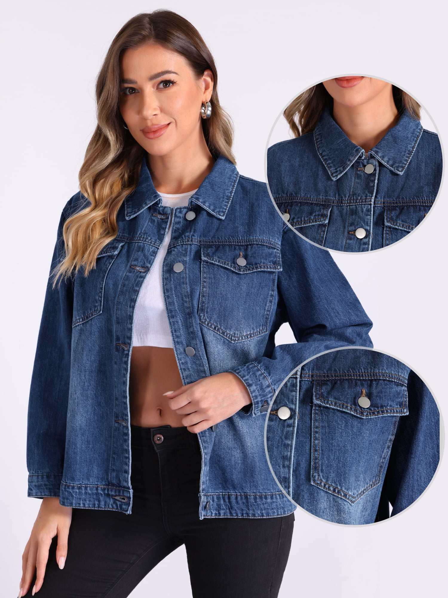 DARING DIVA Women's Vintage Button Down Long Sleeve Denim Jacket L Blue