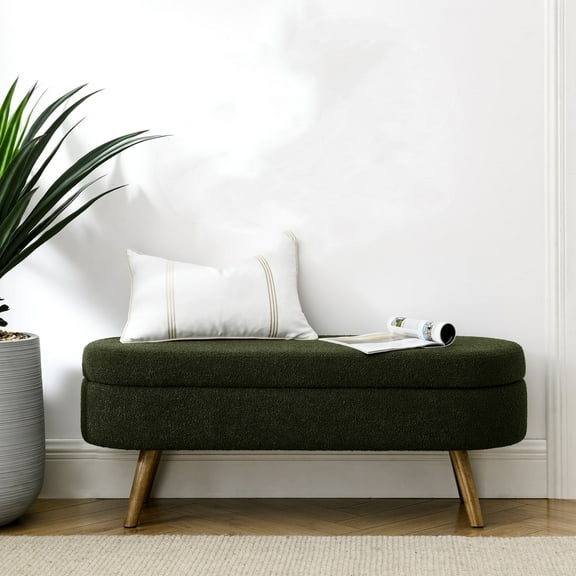 Xukmct Modern Oval Storage Ottoman with Wood Legs, Upholstered Storage Bench for Living Room, Bedroom, Green