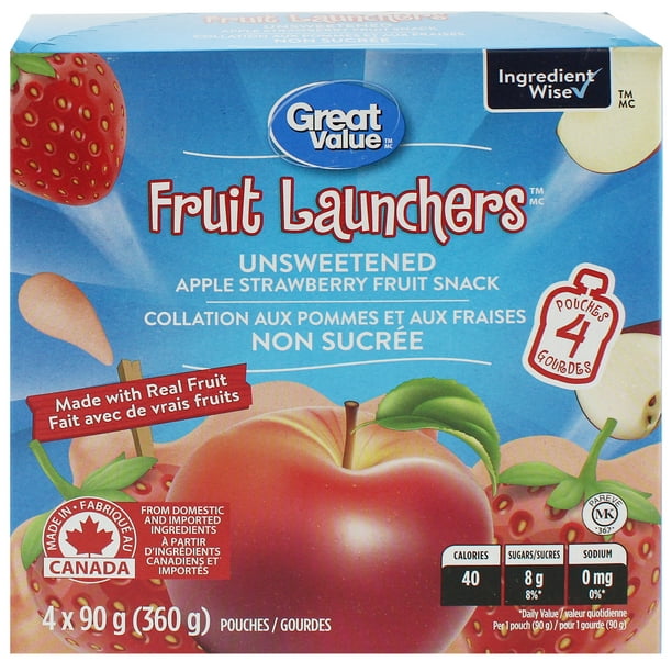 Collation aux pommes et aux fraises non sucrée Fruit Launchers Great Value 4 x 90&nbsp;g