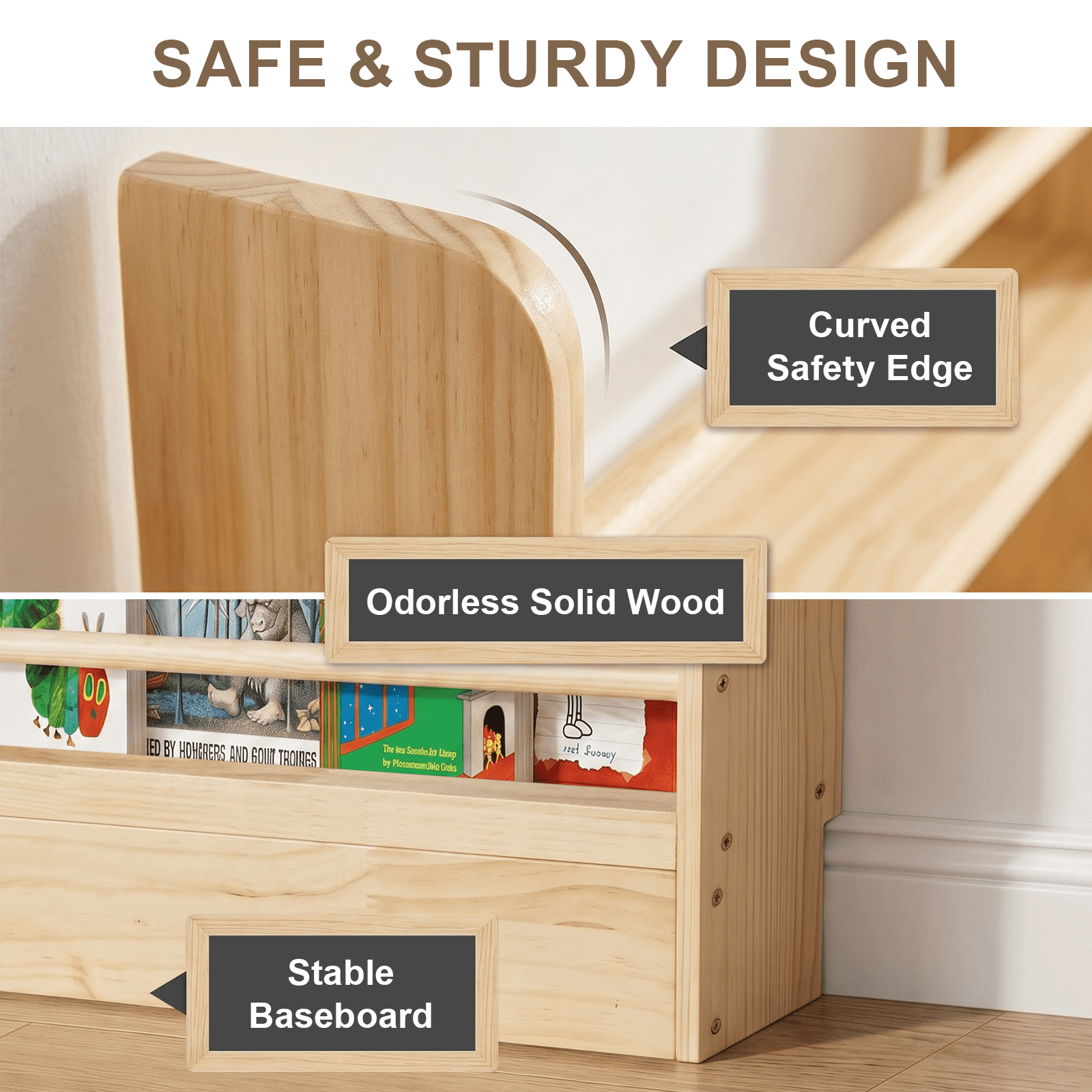 6 Tier Behind The Door Bookshelf, Wooden Kids Bookshelf with Open Storage, Wall Mount Shelve & Space-Saving, Solid Wood Bookshelf for Bedroom, Living Room, Playroom (Natural Wood)