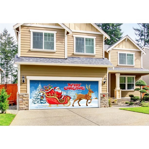7' x 16' Red and Blue "Merry Christmas" Outdoor Double Car Garage Door