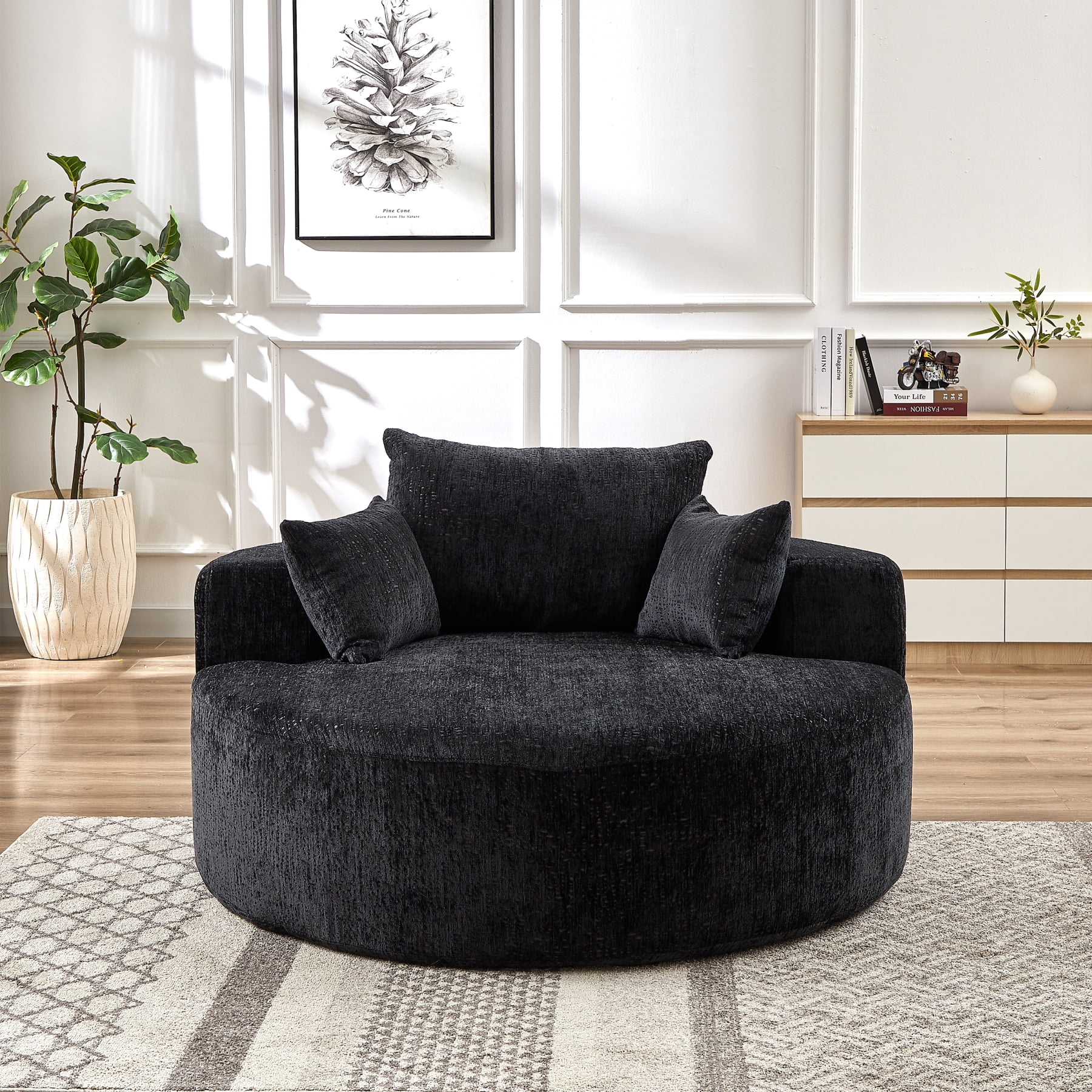 Leumius 55'' Oversized Round Chaise Longue Chair,Upholstered Polyester Single Cloud Circle Sofa Chair with Deep Seat,Fluffy Modern Sleeper Sofa Bed for Reading,Living Room,Bedroom,