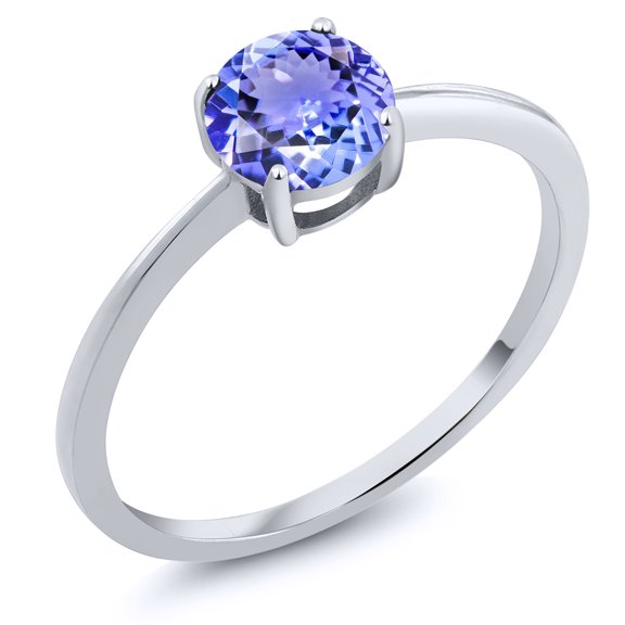 Gem Stone King 10K White Gold Blue Tanzanite Solitaire Engagement Ring for Women (0.90 Cttw, Round 6MM, Gemstone December Birthstone, Size 7)