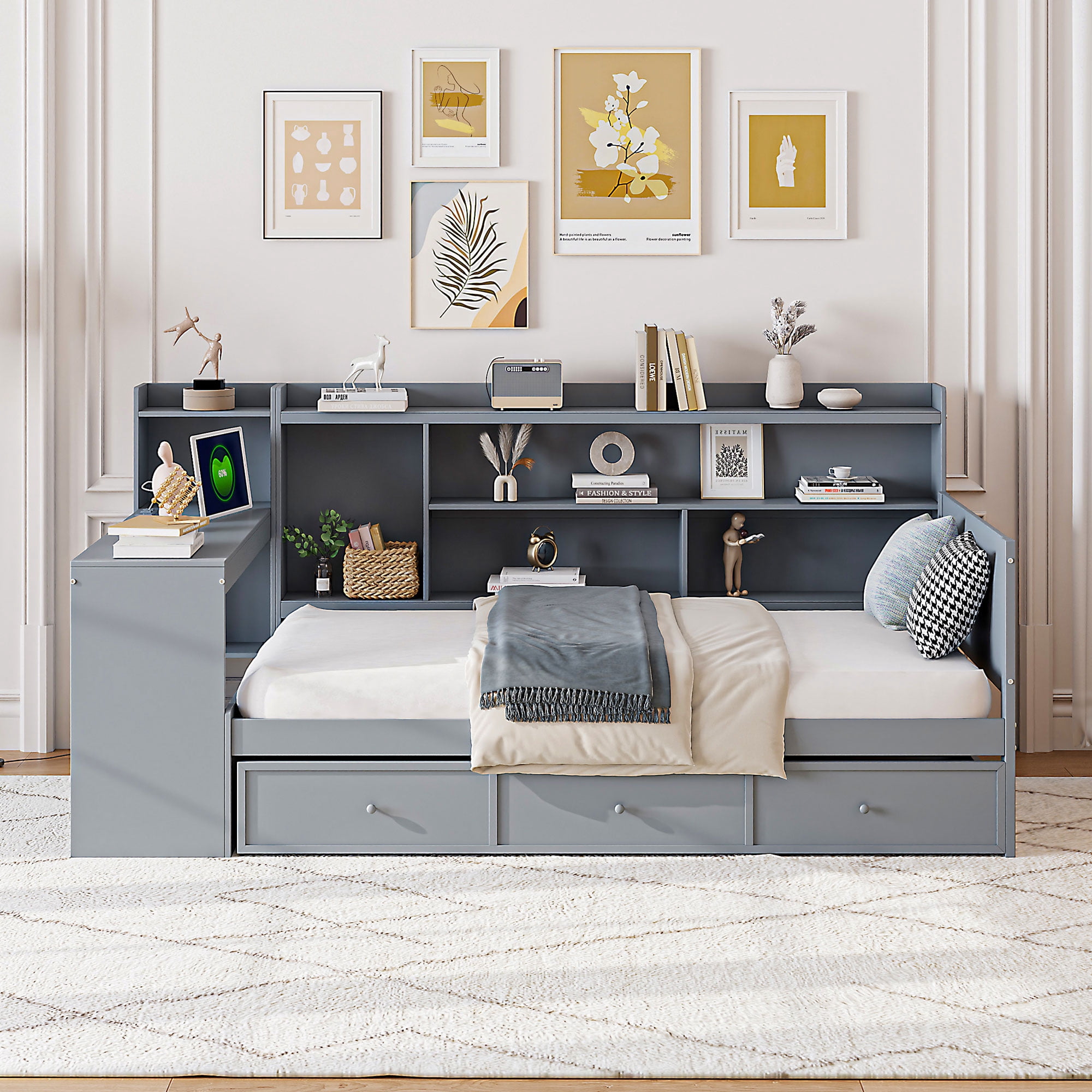 Mintazer Twin Platform Bed with Desk & Charging Ports, Wooden Bed Frame with Storage Shelves & 3 Drawers for Bedroom Playroom Guest Room, Grey