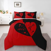 Manfei Teens Adults Love Heart Print Bedding Comforter Set 2pcs,Romantic Valentine's Day Twin Comforter Sets Microfiber,Black Red Breathable Bedding Set,Super Cozy Room Decor,Reversible