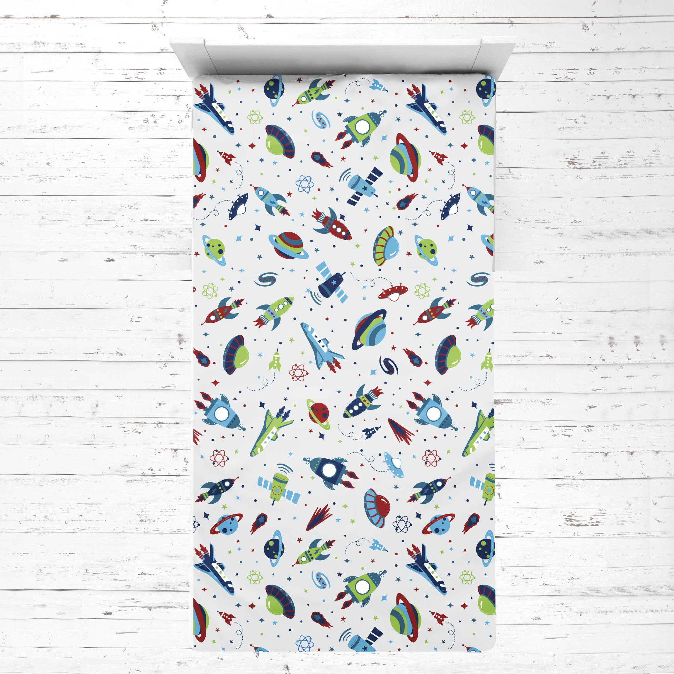 Bacati - Boys 4 pc Toddler Bedding/3 pc Sheet Set 100% Cotton Percale, Airspace Aqua/Red/Orange/Green/Navy