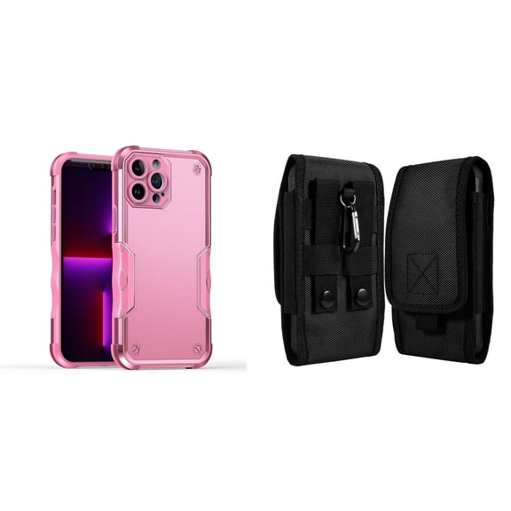 Case with Belt Holster Bundle for iPhone 14 Pro Max: Slim EX Hybrid Series Shockproof Case (Pink) and Vertical Rugged Nylon Phone Pouch