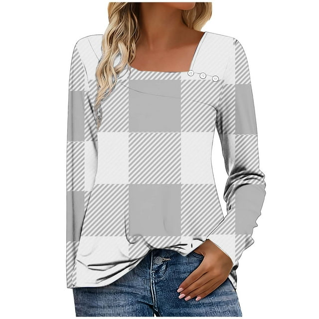 HAiming Plus Size Womens Pullover Tops Plaid Square Neck Button Casual Long Sleeve Blouse Spring Fall Clothes