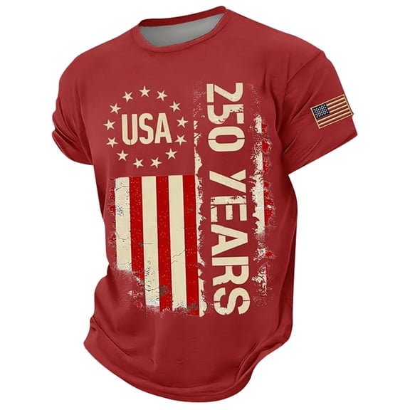 FINALGANG Mens 250 Years USA Distressed Vintage American Flag Print Tee Short Sleeve Crewneck Patriotic T Shirt For 4th Of July Independence Day Summer Wear Red XXXL