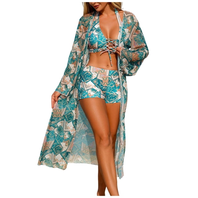 DAFEI Women's 3 Pieces Bikini Set Geo Print Bathing Suit Drawstring Swimsuit with Cover Ups Kimono
