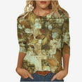 thumbnail image 1 of HVOBTTY T-shirt Sportif à Manches 3/4 pour Femmes, T-shirt Imprimé Mode pour Femmes Blouse Manches 3/4 Col Rond Décontracté Kaki, P, 1 of 5