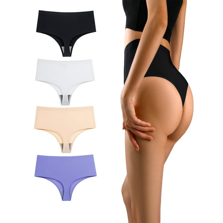 Yunleeb High Waisted Thong No Show Underwear for Women,Seamless High Rise  Panties 4 Pack Mix3 L 