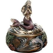 SUMMIT COLLECTION Decorative Art Nouveau Style Sirens of the Sea Mermaid Holding Hand Over Chest Praying Mermaid Fantasy Resin Jewelry Trinket Box 3.25 Inch Tall Faux Bronze
