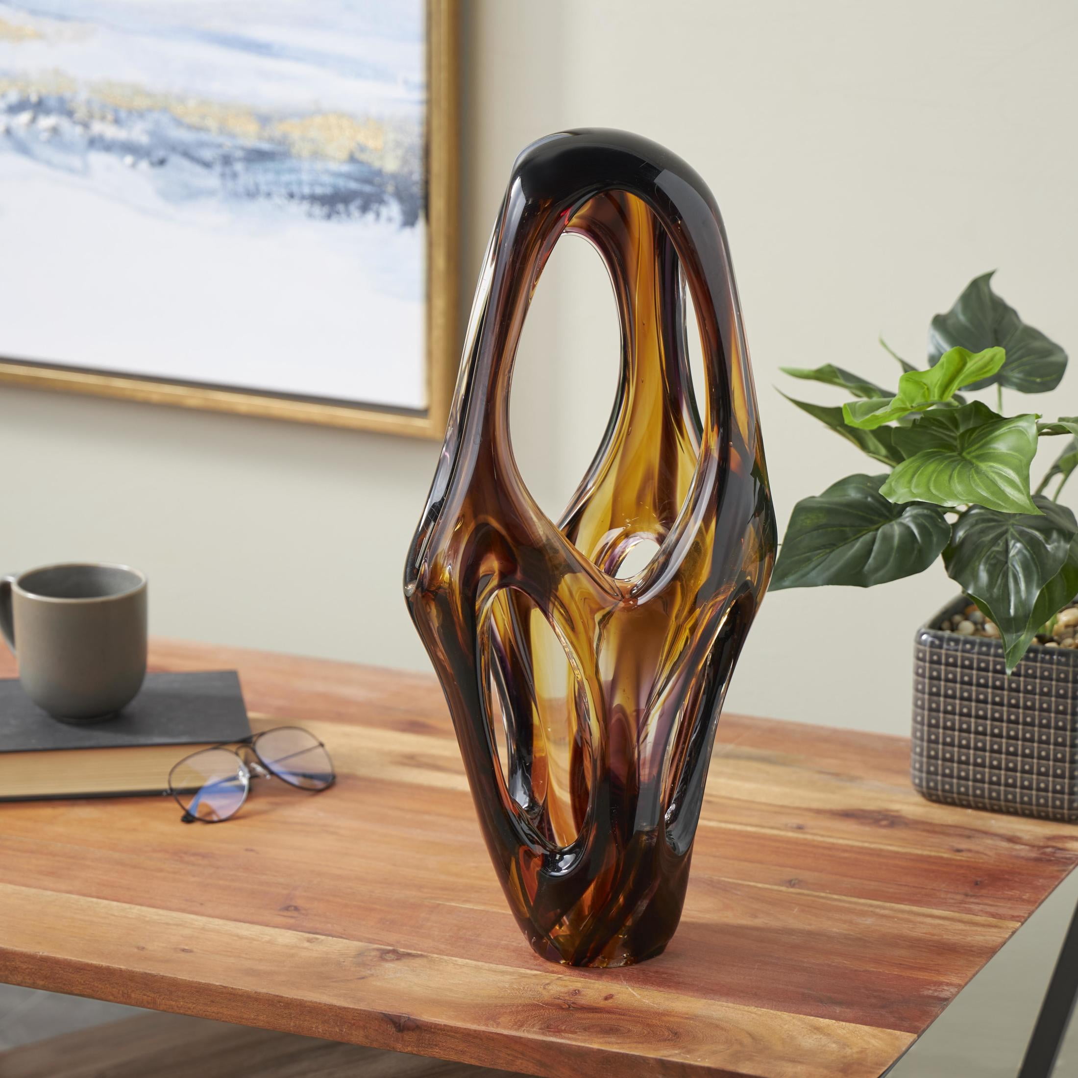 9" x 20" Yellow Glass Cutout Abstract Sculpture with Pink and Amber Accents, by DecMode